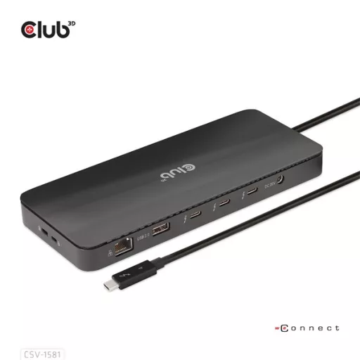 Club 3D Notebook Dokkoló - CSV-1581 (140W, Thunderbolt 4 to 3xThunderbolt 4, 3xUSB-A, SD, TF, RJ45, 3,5 Jack, DC)