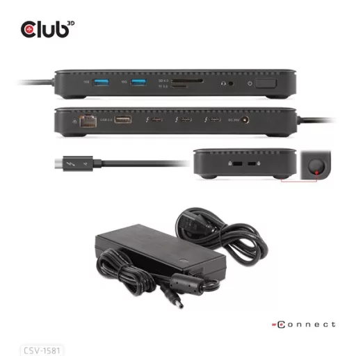 Club 3D Notebook Dokkoló - CSV-1581 (140W, Thunderbolt 4 to 3xThunderbolt 4, 3xUSB-A, SD, TF, RJ45, 3,5 Jack, DC)