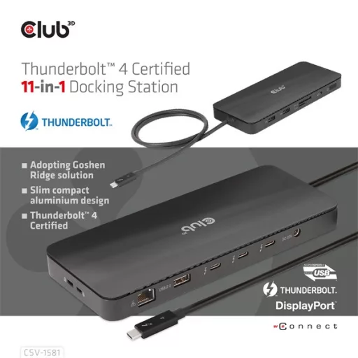 Club 3D Notebook Dokkoló - CSV-1581 (140W, Thunderbolt 4 to 3xThunderbolt 4, 3xUSB-A, SD, TF, RJ45, 3,5 Jack, DC)