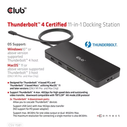 Club 3D Notebook Dokkoló - CSV-1581 (140W, Thunderbolt 4 to 3xThunderbolt 4, 3xUSB-A, SD, TF, RJ45, 3,5 Jack, DC)
