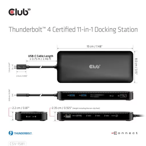 Club 3D Notebook Dokkoló - CSV-1581 (140W, Thunderbolt 4 to 3xThunderbolt 4, 3xUSB-A, SD, TF, RJ45, 3,5 Jack, DC)