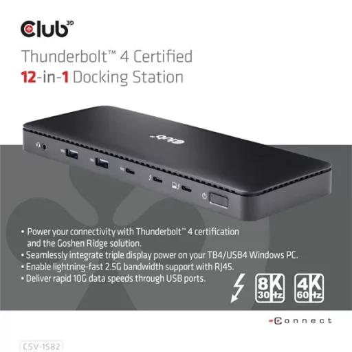Club 3D Notebook Dokkoló - CSV-1582 (140W, Thunderbolt 4, DP, 2xHDMI, USB-C, 4xUSB-A, SD, TF, RJ45, 3,5 Jack, DC)