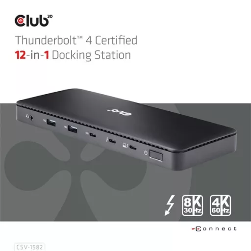 Club 3D Notebook Dokkoló - CSV-1582 (140W, Thunderbolt 4, DP, 2xHDMI, USB-C, 4xUSB-A, SD, TF, RJ45, 3,5 Jack, DC)