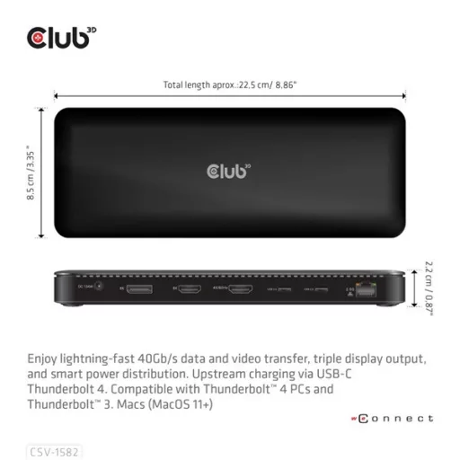 Club 3D Notebook Dokkoló - CSV-1582 (140W, Thunderbolt 4, DP, 2xHDMI, USB-C, 4xUSB-A, SD, TF, RJ45, 3,5 Jack, DC)