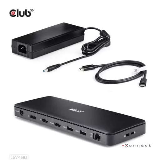 Club 3D Notebook Dokkoló - CSV-1582 (140W, Thunderbolt 4, DP, 2xHDMI, USB-C, 4xUSB-A, SD, TF, RJ45, 3,5 Jack, DC)