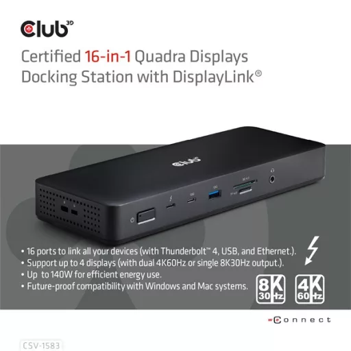 Club 3D Notebook Dokkoló - CSV-1583 (140W, 2xThunderbolt 4, 3xDP, 2xHDMI, USB-C, 3xUSB-A, SD, TF, RJ45, 3,5 Jack, DC)