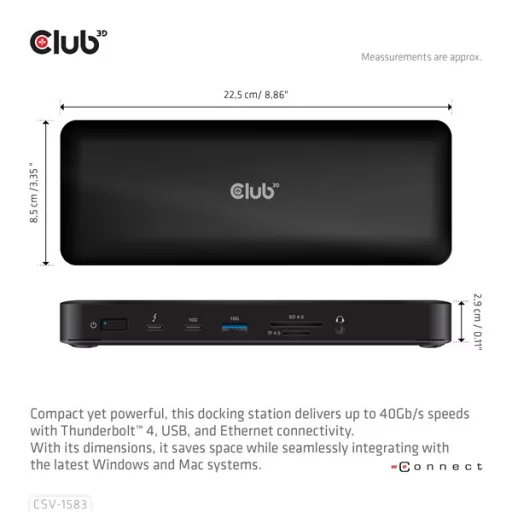 Club 3D Notebook Dokkoló - CSV-1583 (140W, 2xThunderbolt 4, 3xDP, 2xHDMI, USB-C, 3xUSB-A, SD, TF, RJ45, 3,5 Jack, DC)