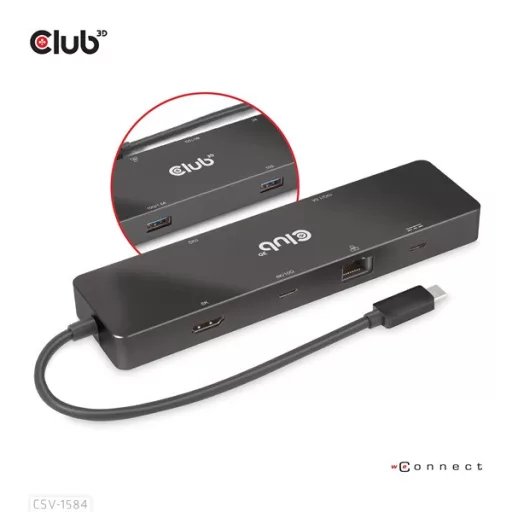 Club 3D USB Hub - CSV-1584 (3.2 USB-C Gen 2 to USB-C, 2xUSB-A, USB-C 100W PD, HDMI, RJ45, 8K60hz)