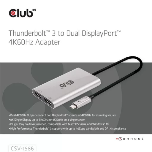 Club 3D Video Splitter - CSV-1586 (Thunderbolt 3 to Dual DisplayPort, 40Gbps, 4K60Hz)