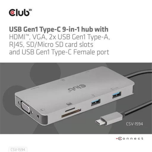 Club 3D USB Hub - CSV-1594 (3.1 USB-C Gen 1 to HDMI, 2xUSB-A Gen 1, USB-C Gen 1, VGA, SD, Micro SD 3.0, RJ45, 3,5 Jack)