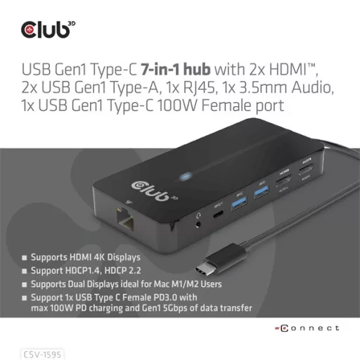 Club 3D USB Hub - CSV-1595 (USB-C Gen 1 to 2xHDMI, 2xUSB-A Gen 1, USB-C Gen 1 100W PD 3.0, RJ45, 3,5 Jack, 4k60Hz)