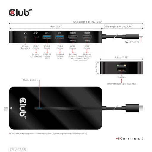 Club 3D USB Hub - CSV-1595 (USB-C Gen 1 to 2xHDMI, 2xUSB-A Gen 1, USB-C Gen 1 100W PD 3.0, RJ45, 3,5 Jack, 4k60Hz)