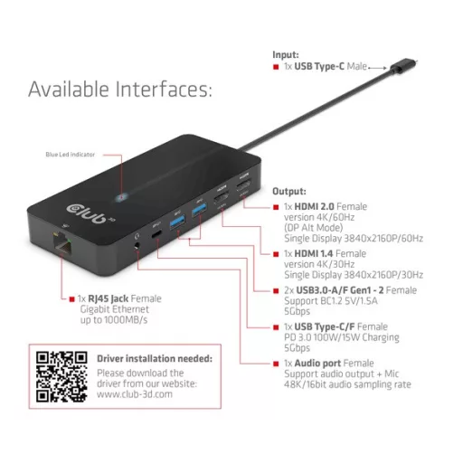 Club 3D USB Hub - CSV-1595 (USB-C Gen 1 to 2xHDMI, 2xUSB-A Gen 1, USB-C Gen 1 100W PD 3.0, RJ45, 3,5 Jack, 4k60Hz)
