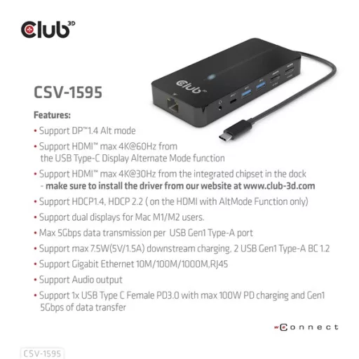 Club 3D USB Hub - CSV-1595 (USB-C Gen 1 to 2xHDMI, 2xUSB-A Gen 1, USB-C Gen 1 100W PD 3.0, RJ45, 3,5 Jack, 4k60Hz)