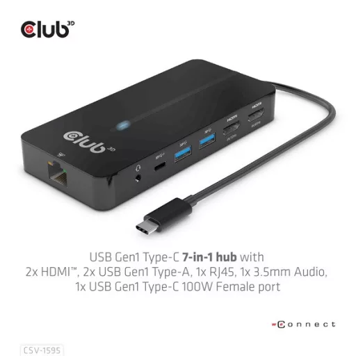 Club 3D USB Hub - CSV-1595 (USB-C Gen 1 to 2xHDMI, 2xUSB-A Gen 1, USB-C Gen 1 100W PD 3.0, RJ45, 3,5 Jack, 4k60Hz)