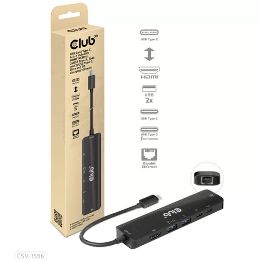 Club 3D USB Hub - CSV-1596 (USB-C to 2xHDMI, 2xUSB-A, USB-C PD, RJ45, 4k60Hz)
