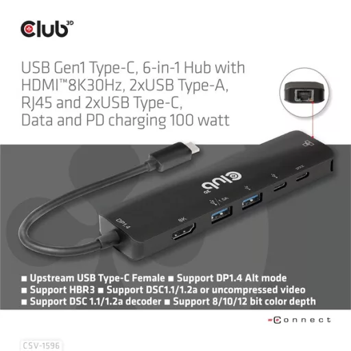 Club 3D USB Hub - CSV-1596 (USB-C to 2xHDMI, 2xUSB-A, USB-C PD, RJ45, 4k60Hz)