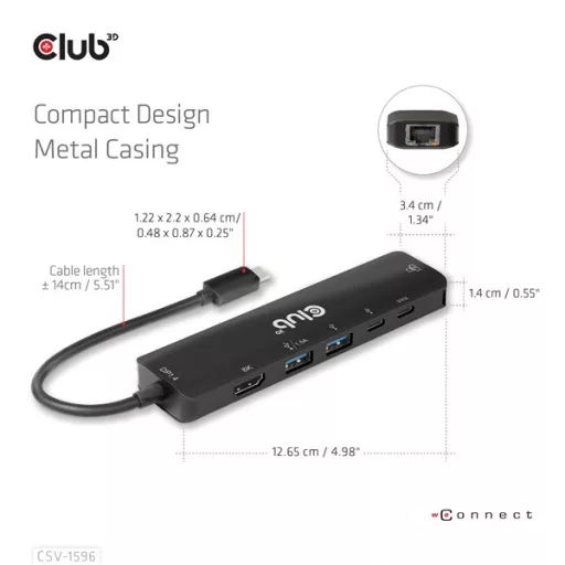 Club 3D USB Hub - CSV-1596 (USB-C to 2xHDMI, 2xUSB-A, USB-C PD, RJ45, 4k60Hz)