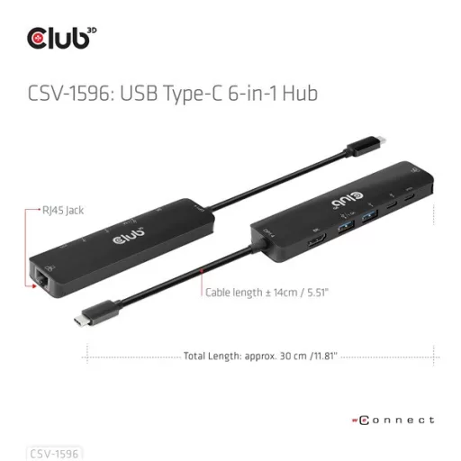 Club 3D USB Hub - CSV-1596 (USB-C to 2xHDMI, 2xUSB-A, USB-C PD, RJ45, 4k60Hz)