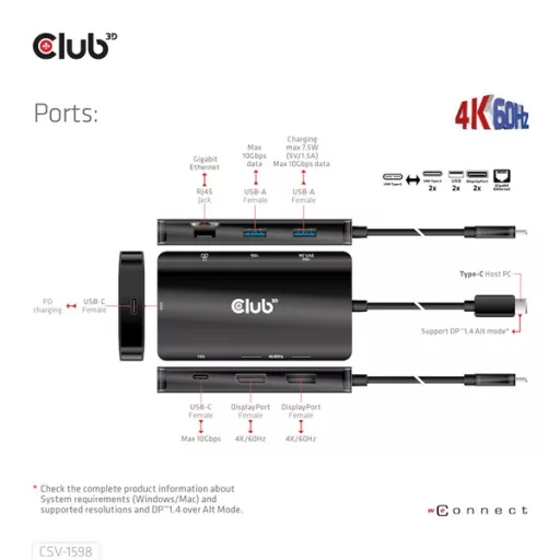 Club 3D USB Hub - CSV-1598 (USB-C Gen 2 to 2xDisplayPort, 2xUSB-A Gen 2, 2xUSB-C Gen 2, RJ45, 4k60Hz)