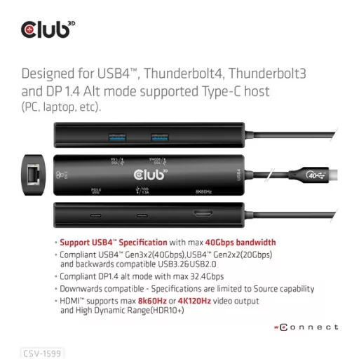 Club 3D USB Hub - CSV-1599 (USB-C 4 to HDMI, 2xUSB-A (10G), RJ45 (2,5G), USB-C 100W PD 3.0, USB-C 10Gbps, 8k60Hz)