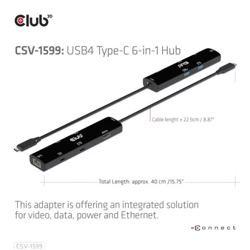 Club 3D USB Hub - CSV-1599 (USB-C 4 to HDMI, 2xUSB-A (10G), RJ45 (2,5G), USB-C 100W PD 3.0, USB-C 10Gbps, 8k60Hz)