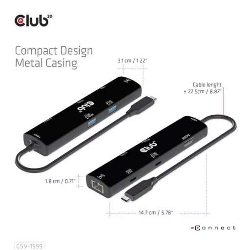 Club 3D USB Hub - CSV-1599 (USB-C 4 to HDMI, 2xUSB-A (10G), RJ45 (2,5G), USB-C 100W PD 3.0, USB-C 10Gbps, 8k60Hz)