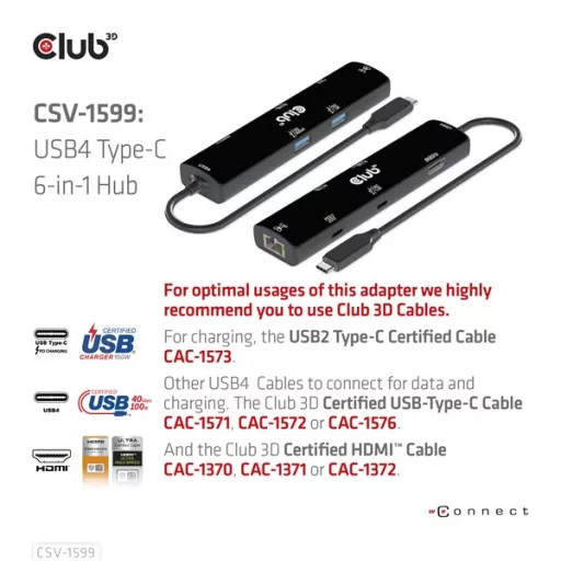 Club 3D USB Hub - CSV-1599 (USB-C 4 to HDMI, 2xUSB-A (10G), RJ45 (2,5G), USB-C 100W PD 3.0, USB-C 10Gbps, 8k60Hz)