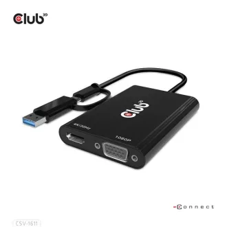   Club 3D Átalakító - CSV-1611(USB-C (USB-A Adapterrel) to Dual HDMI (4K/30Hz) / VGA (1080/60Hz))