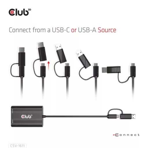 Club 3D Átalakító - CSV-1611(USB-C (USB-A Adapterrel) to Dual HDMI (4K/30Hz) / VGA (1080/60Hz))