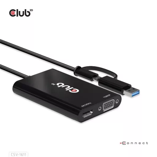Club 3D Átalakító - CSV-1611(USB-C (USB-A Adapterrel) to Dual HDMI (4K/30Hz) / VGA (1080/60Hz))