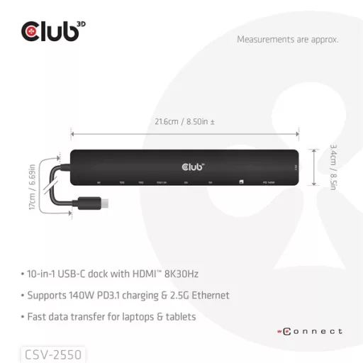 Club 3D USB Hub - CSV-2550 (USB-C to 3xUSB-C, 3xUSB-A, RJ45, SD/MicroSD, 140W PD, HDMI, 8K30hz)