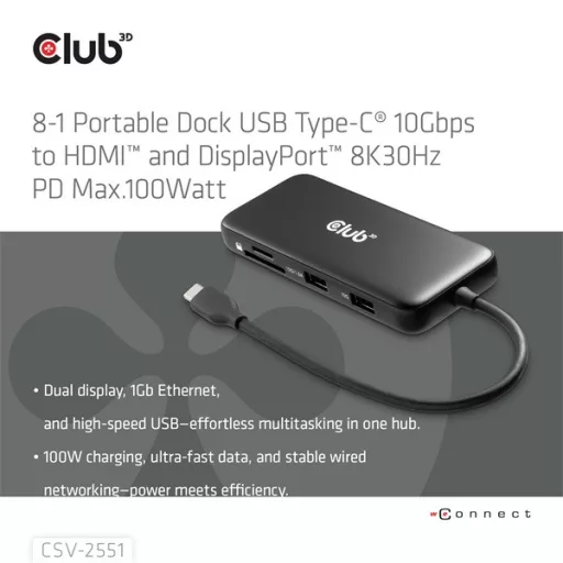 Club 3D USB Hub - CSV-2551 (USB-C to USB-C, 2xUSB-A, RJ45, SD/MicroSD, 100W PD, HDMI, DP, 8K30hz)