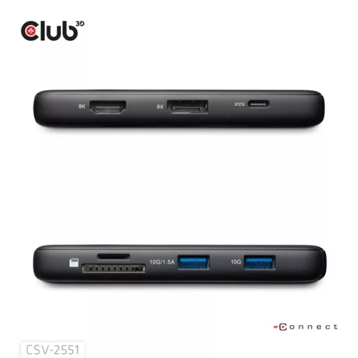 Club 3D USB Hub - CSV-2551 (USB-C to USB-C, 2xUSB-A, RJ45, SD/MicroSD, 100W PD, HDMI, DP, 8K30hz)