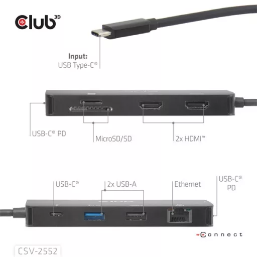 Club 3D USB Hub - CSV-2552 (USB-C to 2xUSB-C, 2xUSB-A, 2xHDMI, RJ45, SD/MicroSD, 100W PD, 4K60hz)