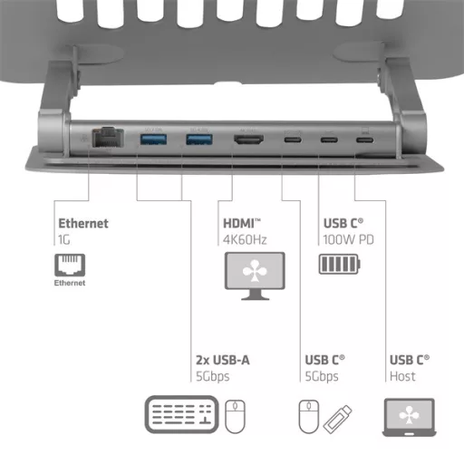 Club 3D Notebook Állvány - CSV-2554 (100W, 4K60Hz HDMI, 3x USB-C, RJ-45, 2x USB-A)