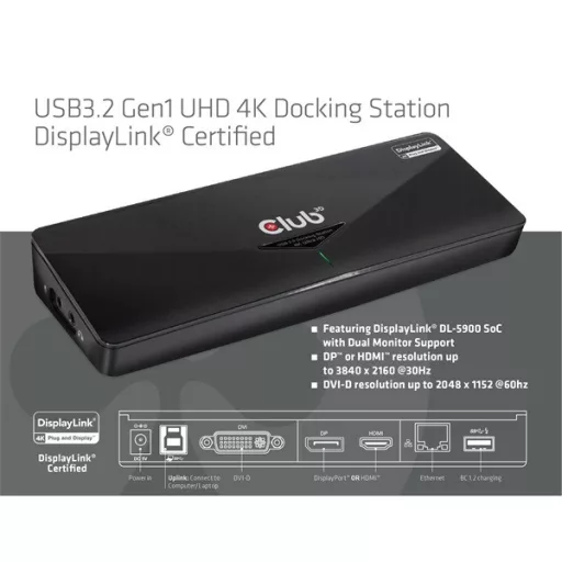 Club 3D Notebook Dokkoló - CSV-3103D (DUAL DISPLAY/4K, 3.2 USB-A to HDMI, DP, DVI-D, 3xUSB-A, RJ45, 3.5 Jack Audio +Mic)