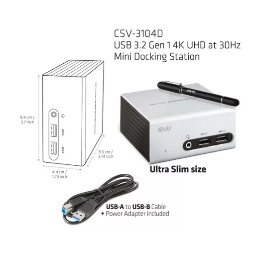 Club 3D Notebook Dokkoló - CSV-3104D (4K UHD, 3.0 USB-A to HDMI, DVI-I, 4xUSB-A, RJ45, 3.5 Jack Audio + Mic)