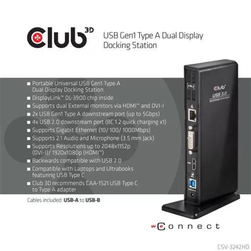 Club 3D Notebook Dokkoló - CSV-3242HD (1200p DUAL DISPLAY, USB-B to HDMI, DVI-I, 6xUSB-A, RJ45, 3.5 Jack Audio + Mic)