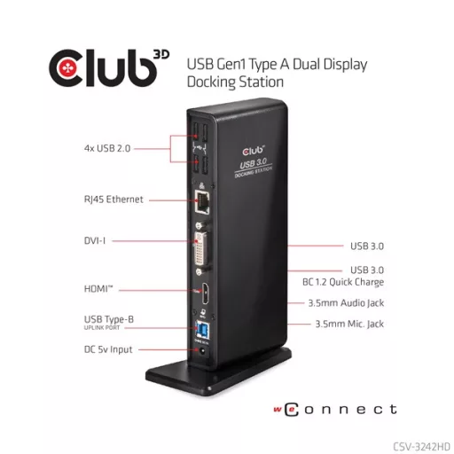 Club 3D Notebook Dokkoló - CSV-3242HD (1200p DUAL DISPLAY, USB-B to HDMI, DVI-I, 6xUSB-A, RJ45, 3.5 Jack Audio + Mic)