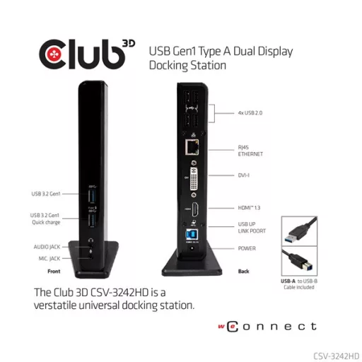 Club 3D Notebook Dokkoló - CSV-3242HD (1200p DUAL DISPLAY, USB-B to HDMI, DVI-I, 6xUSB-A, RJ45, 3.5 Jack Audio + Mic)
