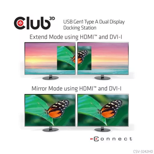 Club 3D Notebook Dokkoló - CSV-3242HD (1200p DUAL DISPLAY, USB-B to HDMI, DVI-I, 6xUSB-A, RJ45, 3.5 Jack Audio + Mic)