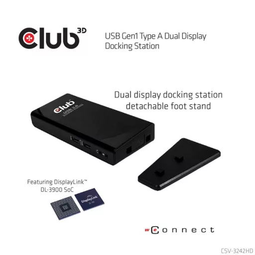 Club 3D Notebook Dokkoló - CSV-3242HD (1200p DUAL DISPLAY, USB-B to HDMI, DVI-I, 6xUSB-A, RJ45, 3.5 Jack Audio + Mic)