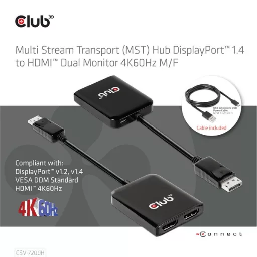 Club 3D USB Hub - CSV-7200H (Multi Stream, DisplayPort 1.4 to 2xHDMI, 2x4K60Hz)