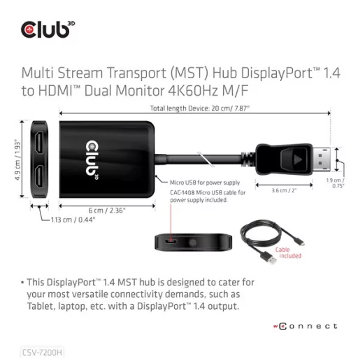 Club 3D USB Hub - CSV-7200H (Multi Stream, DisplayPort 1.4 to 2xHDMI, 2x4K60Hz)