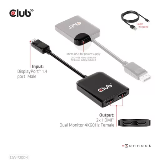 Club 3D USB Hub - CSV-7200H (Multi Stream, DisplayPort 1.4 to 2xHDMI, 2x4K60Hz)