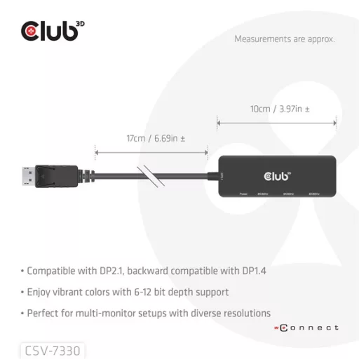 Club 3D Átalakító - CSV-7330 (DisplayPort 2.1 to 3xHDMI, 8K60Hz, HDR, HDCP 2.3, HPD, ALT mode)