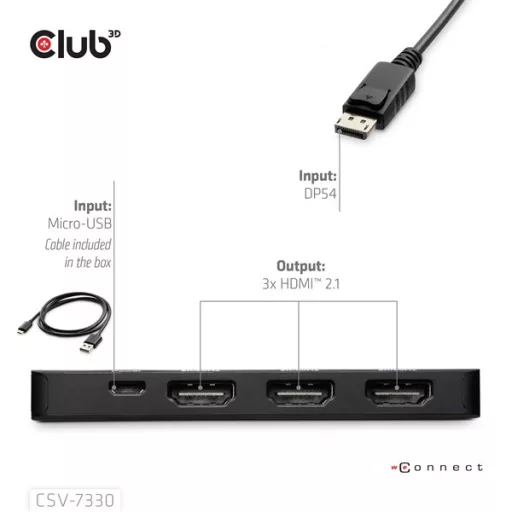 Club 3D Átalakító - CSV-7330 (DisplayPort 2.1 to 3xHDMI, 8K60Hz, HDR, HDCP 2.3, HPD, ALT mode)