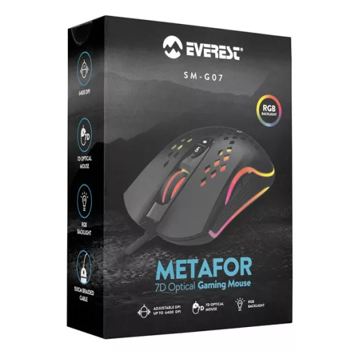 Everest Gamer Egér - SM-G07 METAFOR  (6400 DPI, 7gomb, 1,5m harisnyázott kábel,optikai, fekete, RGB LED)