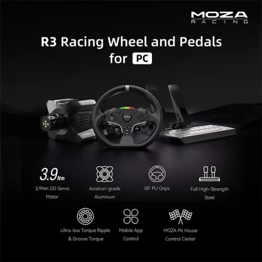 Moza Racing csomag - R3 PC Szimulátor szett (Direct Drive, R3 bázis, ES kormány, SR-P Lite pedál, bilincs)